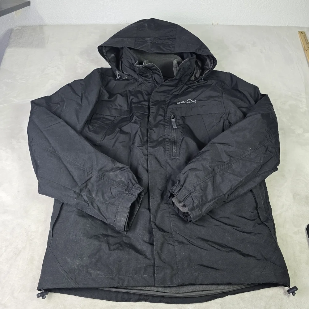 Eddie Bauer Removeable Fleece Lined Rain Jacket Sz Lg Black Removeable Hood